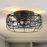 12.5 Inch Caged Ceiling Fans With Lights and Remote, Flush Mount Bladeless Low Profile, Small Farmhouse Industrial Enclosed Ceiling Fan For Bedroom, Kitchen, Indoor